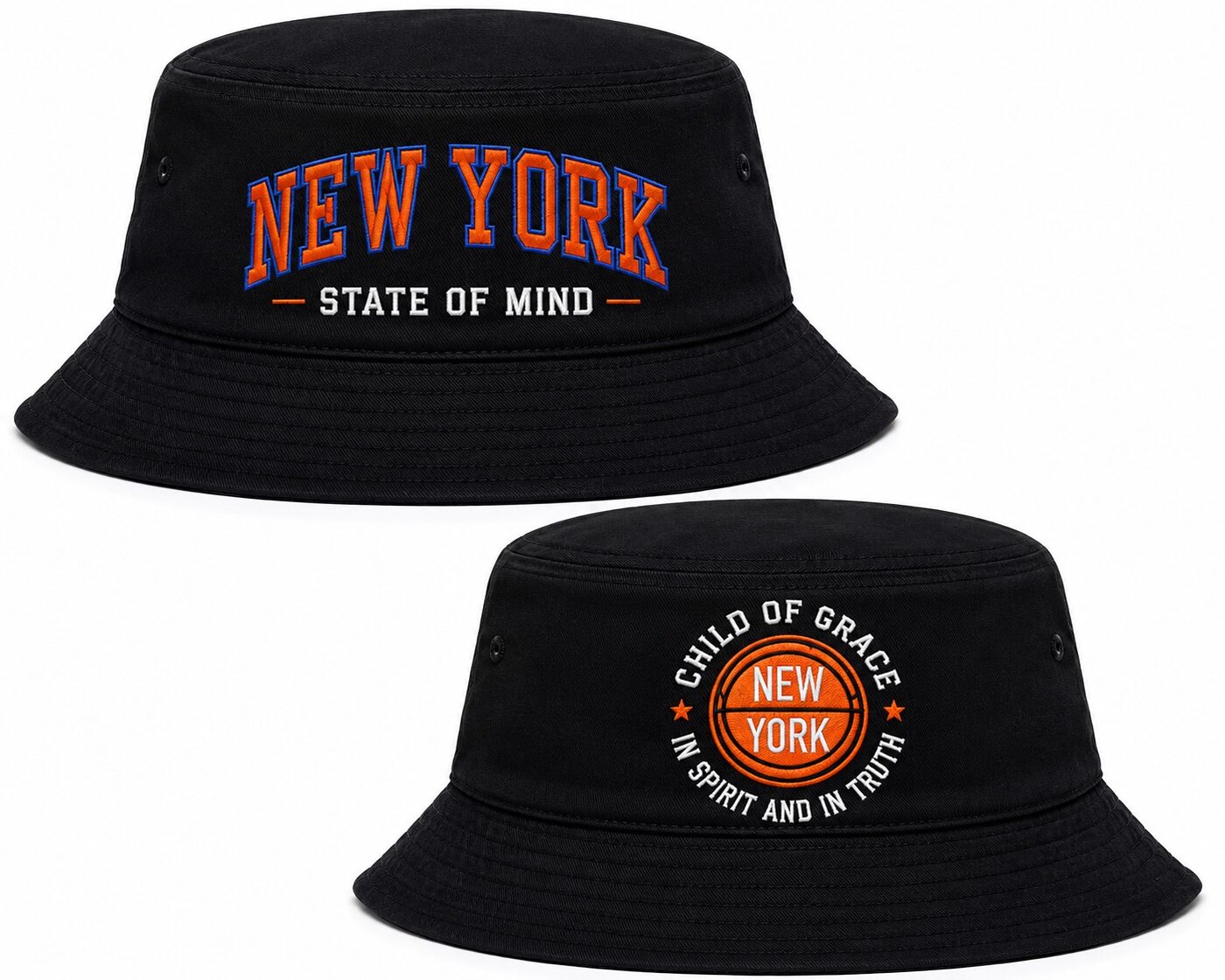 Black CHILD OF GRACE New York embroidered bucket hats shown front and back