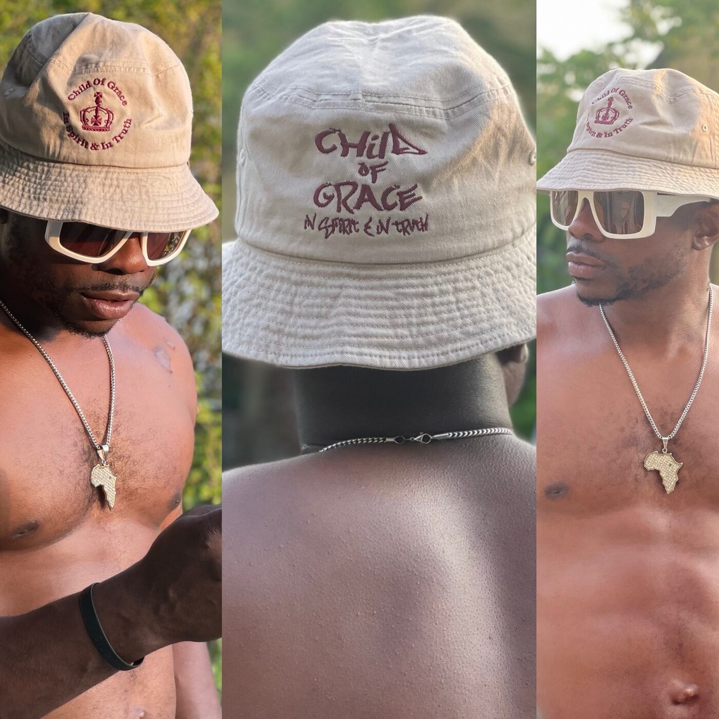 Three views of the distressed white CHILD OF GRACE bucket hat